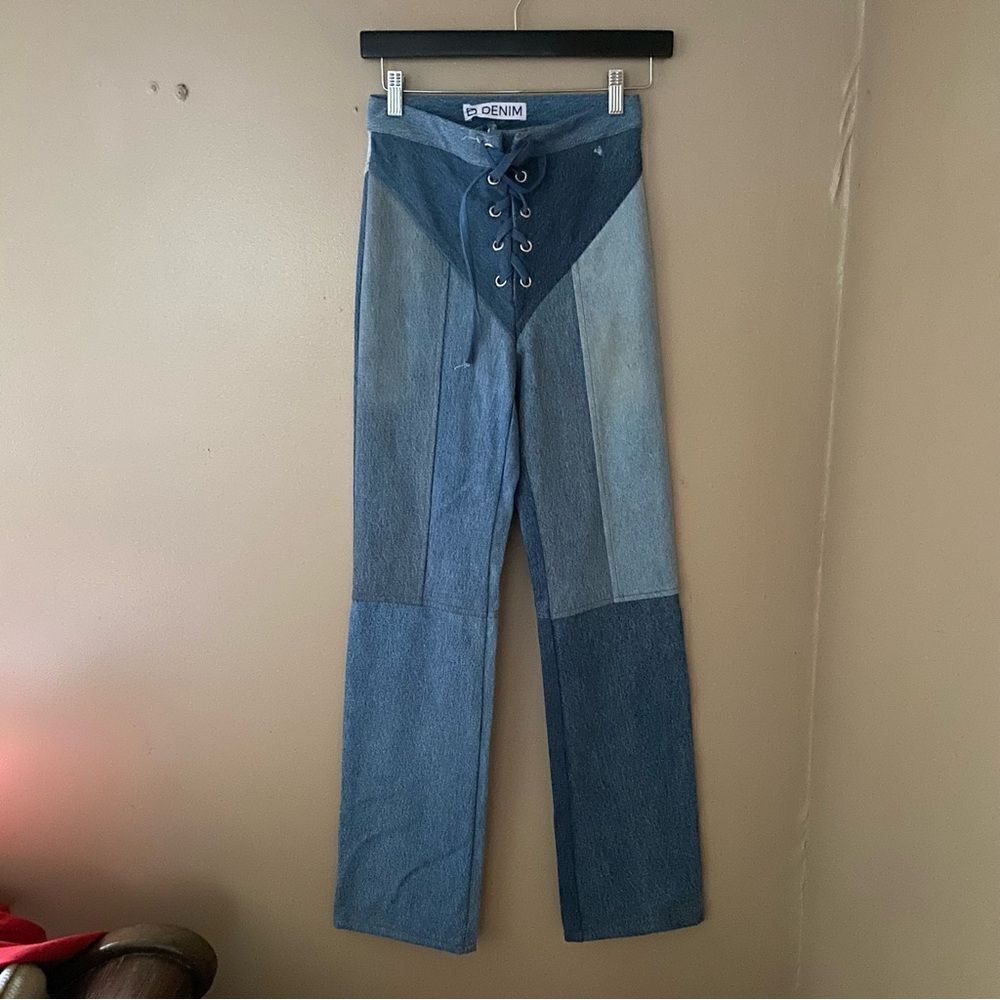 EB Denim Lace up jeans blue patchwork straight leg flares Revolve Sz 2 / S $385 - Picture 13 of 15